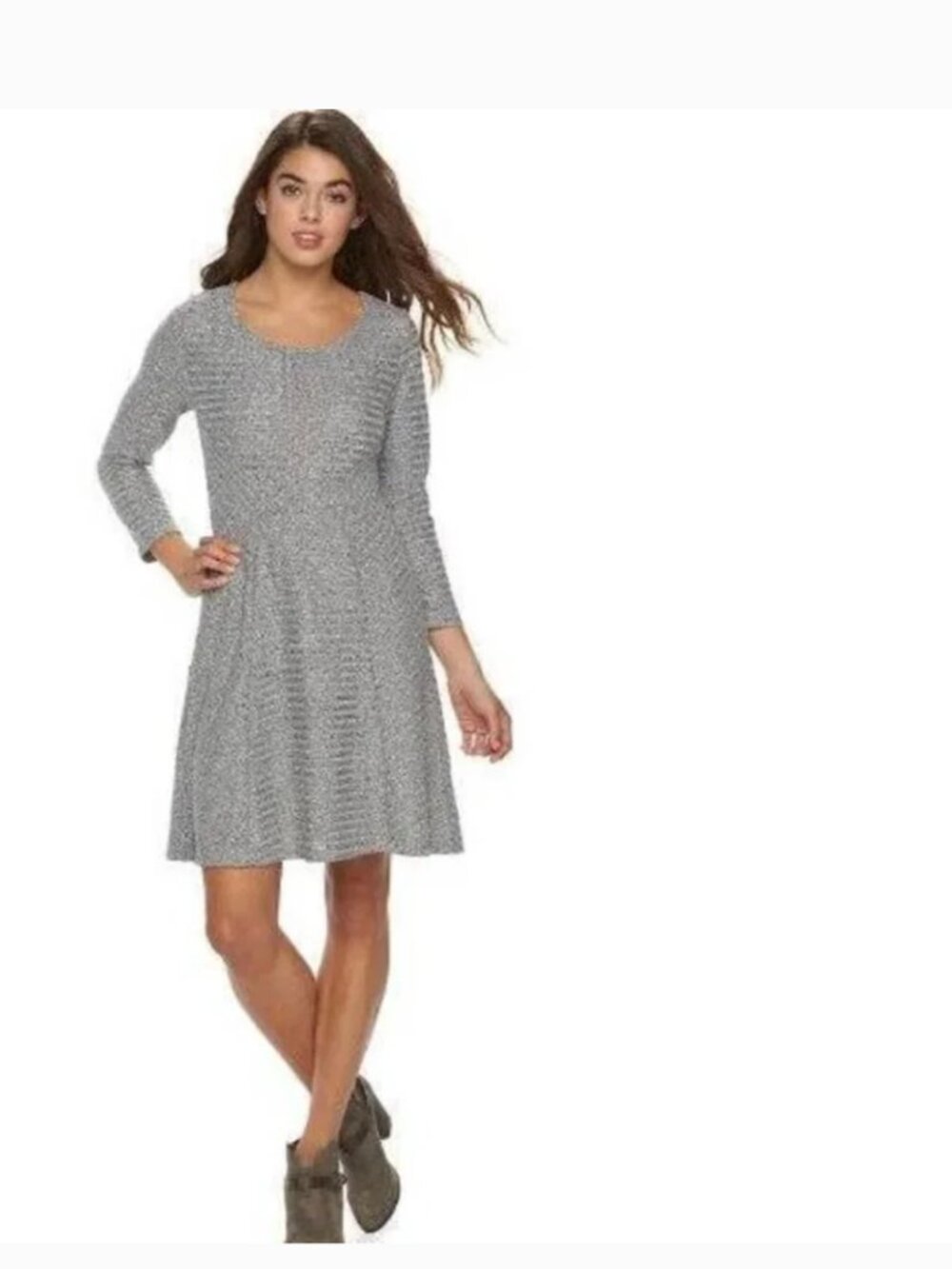 Cloud Chaser Sweater Dress Jr S Silver Fit & Flare Stretch Scoop Neck 3/4 Sleeve